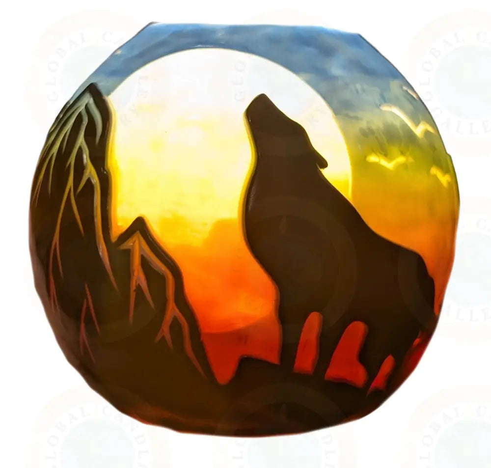 Wolf with Moon and Mountains Blue Night Sky