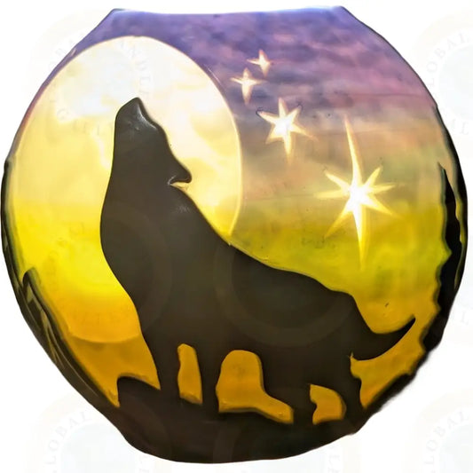 Wolf with Moon and Mountains Purple Night Sky